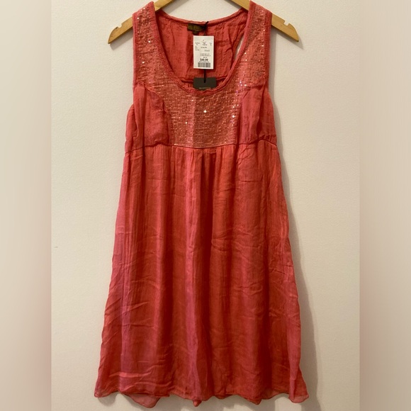 100% silk racerback pink/coral a-line dress with sequins - Picture 3 of 10